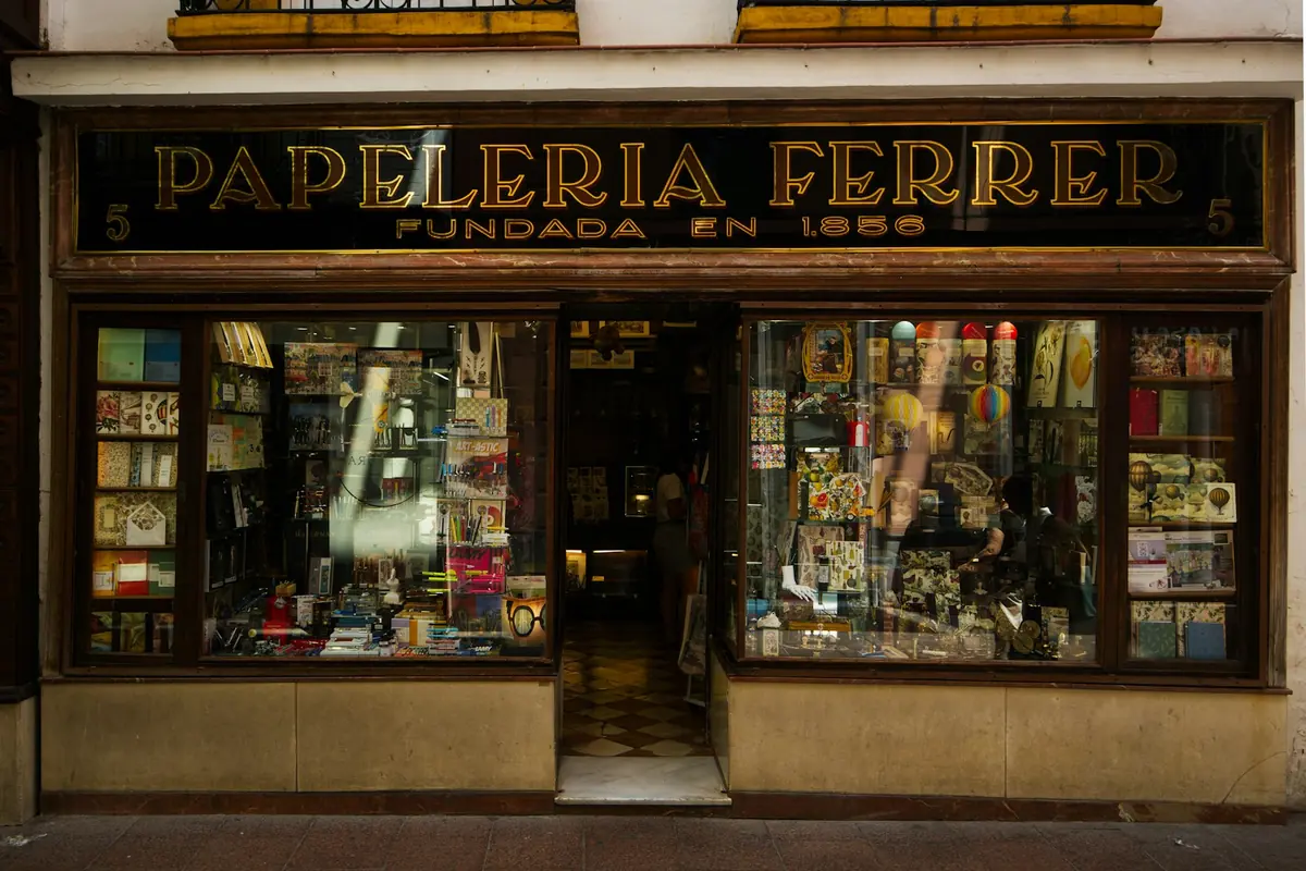 Historic Spanish shopfront of a family-run stationery store